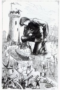 Guliwer klęka przed Liliputami po kradzieży floty Blefuskudów, ilustracja z "Podróży Guliwera" Jonathana Swifta, 1864 r.